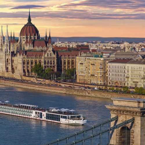 The Viking Longship Odin near the city of Budapest on the Danube River.